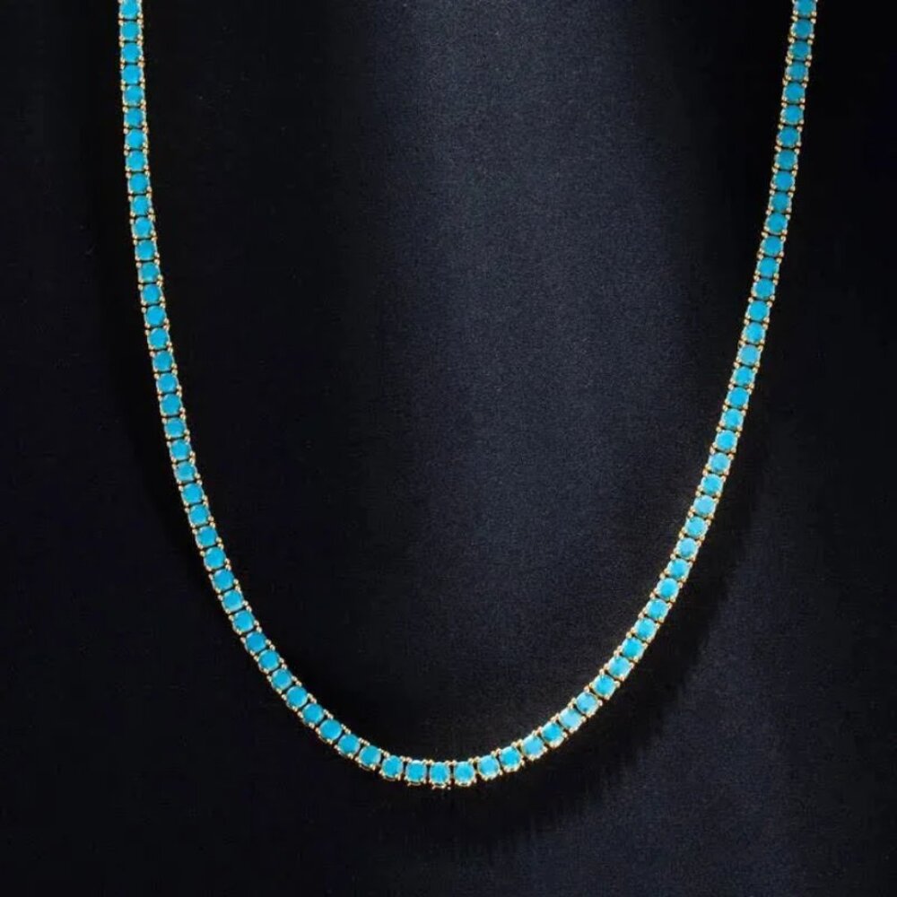 14K Gold Womens 16" Natural Turquoise Gemstone Tennis Necklace Ladies Jewelry - Picture 4 of 10